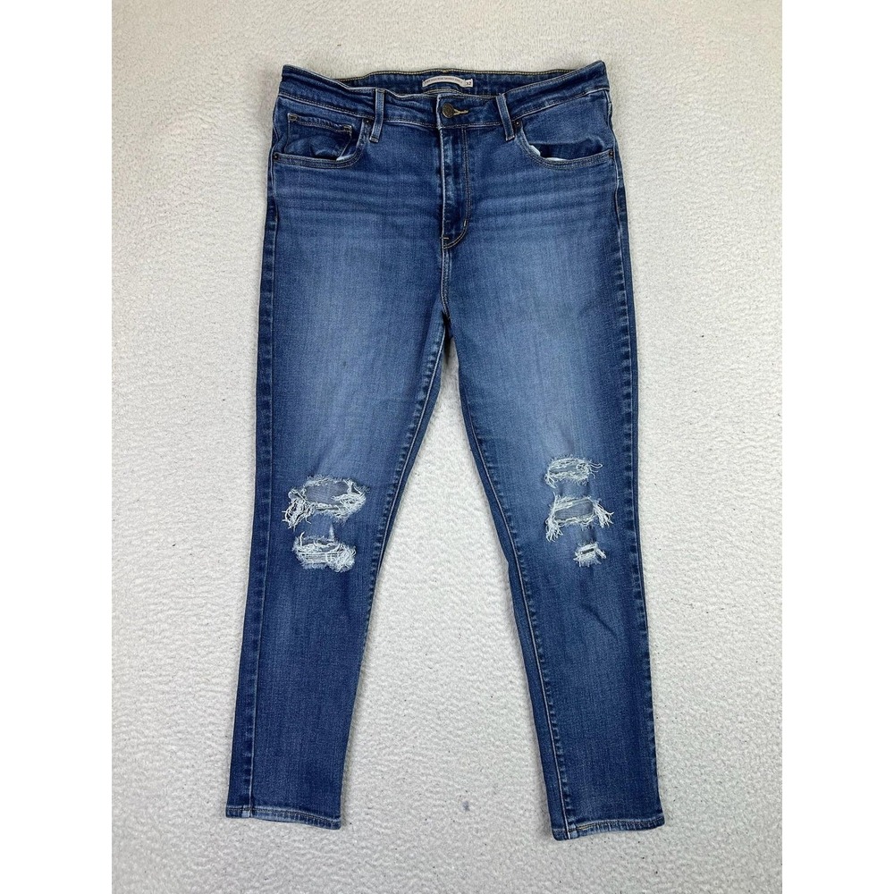 Levis 721 High Rise Skinny Ankle Jeans Womens 32 Blue Distressed Stretch Denim